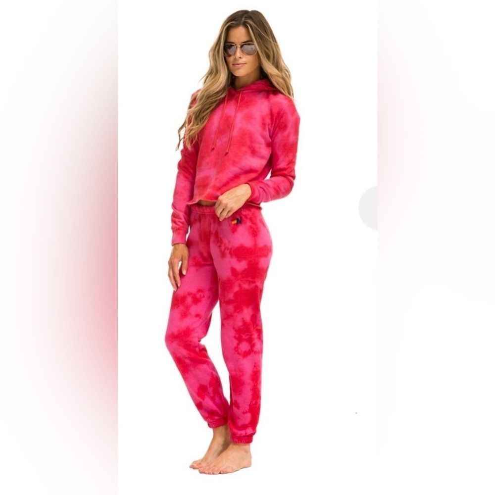 Aviator Nation Hand Dyed Red Crystal Cropped Hoodie And Joggers